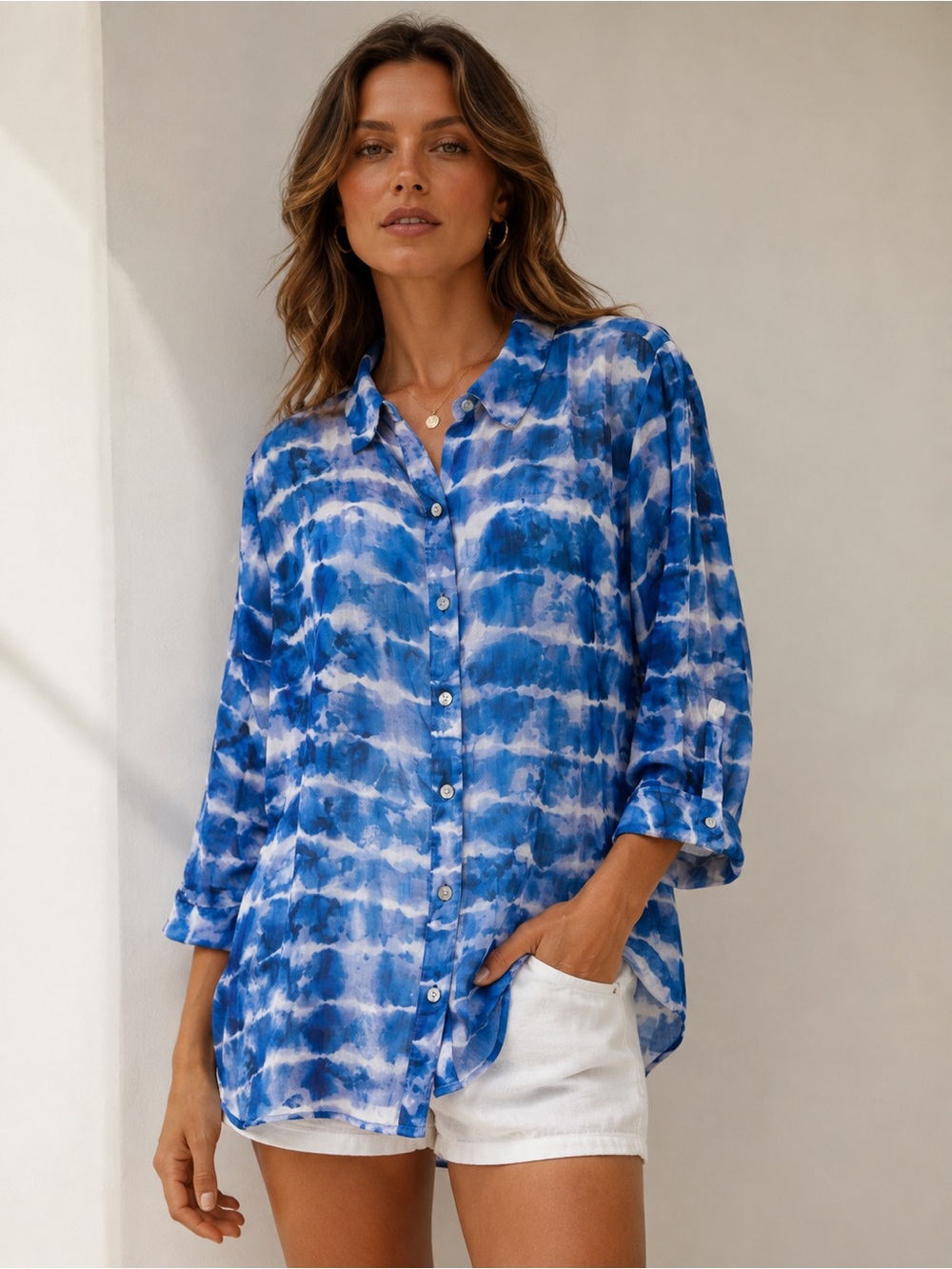 Denim Blue Tie Dye Chiffon Sheer Button Down Top M